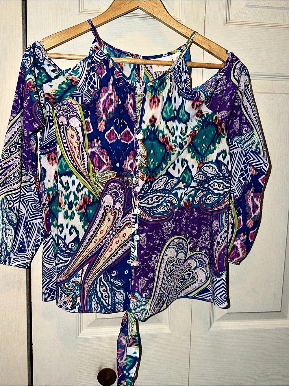 chico's Paisley Cold Shoulder Tie-Front Blouse Purple & Blue Size 0